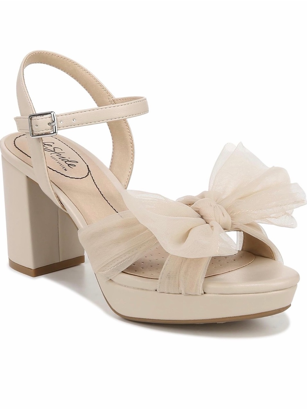Life Stride Beige Tulle Bow Block Heel Sandal